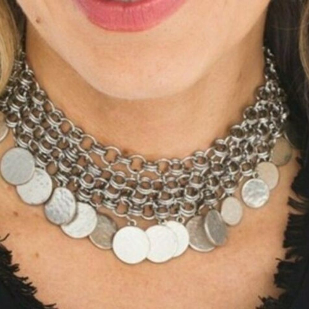 Medallion Coin Choker Bib Necklace Chico's Silver Stevie Multi-Strand Statement - Picture 2 of 7